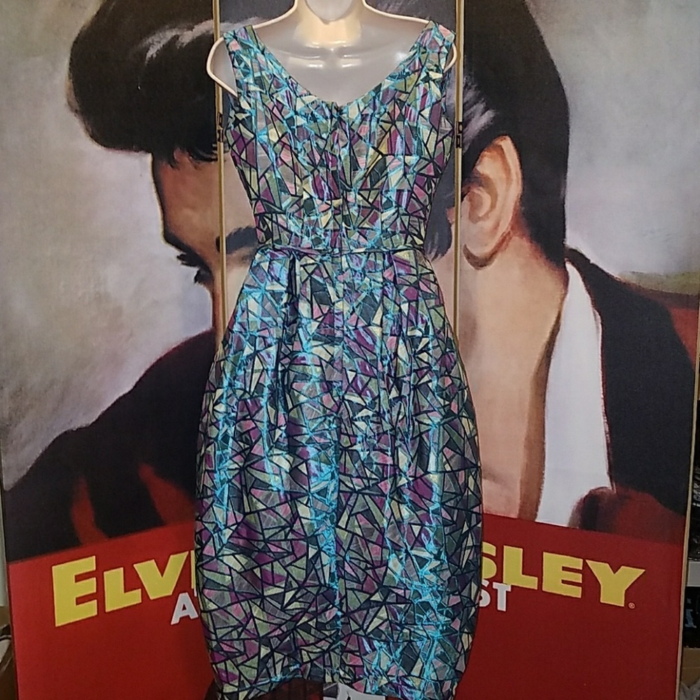 Tatyana Bubble Vintage Art Deco 1950’s Vogue Blue Geo Rose Twist Bow Pinup Dress - Picture 8 of 9